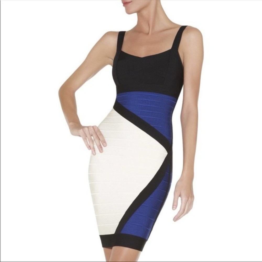 Herve Leger Black, Blue & White Colorblock Bandage Mini Dress